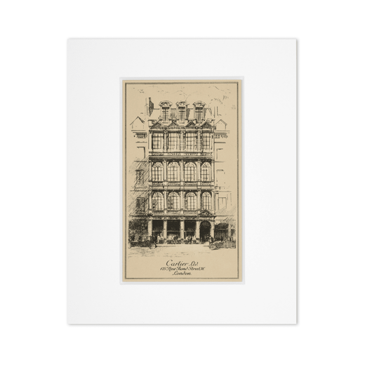 An 8 by 10 inch reproduction of an etched illustration of Cartier's London flagship store circa 1922